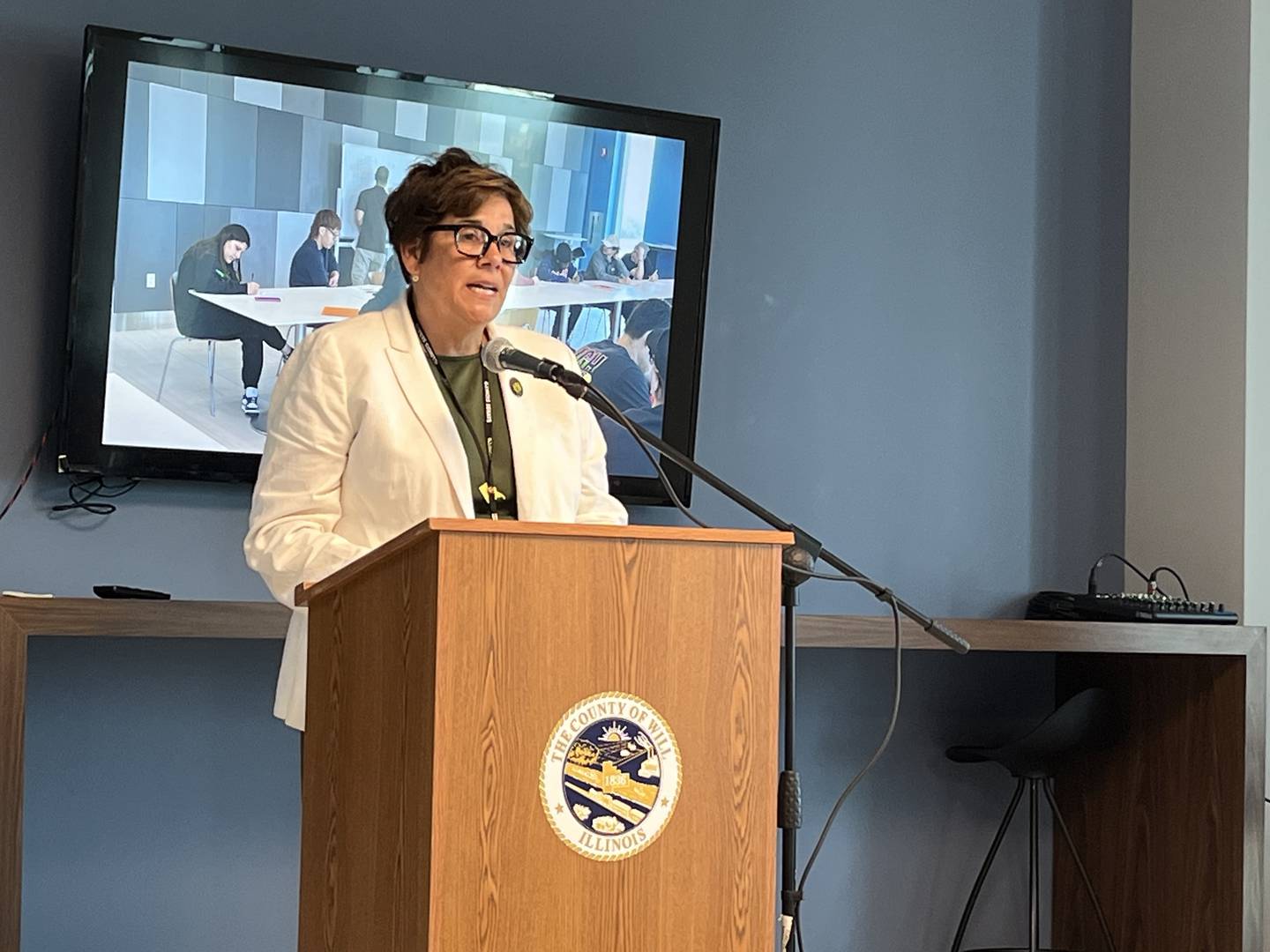 Will County Executive Jennifer Bertino-Tarrant at the graduation ceremony for the Illinois Works Pre-Apprenticeship Program in Will County on Wednesday, Aug. 13, 2025, at the Will County Courthouse in Joliet.