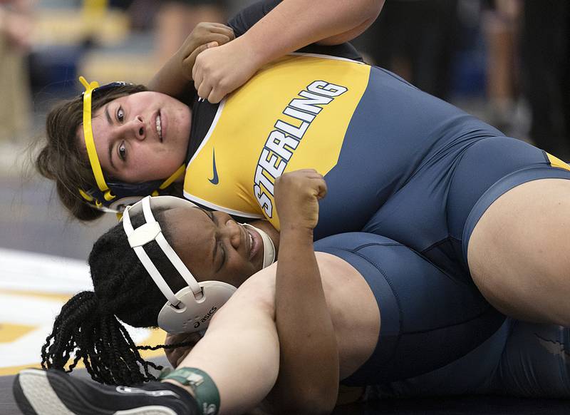 Arianna Tamayo of Sterling works on Timi Mudasiru of Plainfield South in the 235 pound finals Saturday, Dec. 7, 2024, at the Carson DeJarnatt Invitational. Mudasiru took the win.