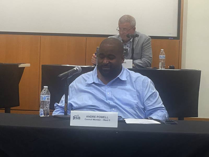 DeKalb 5th Ward Alderman Andre Powell gives a report to members of the DeKalb City Council during its Sept. 23, 2024, meeting.