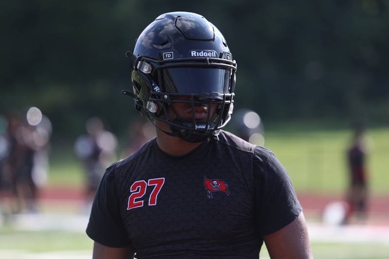 Bolingbrook running back Joshua Robinson waits between plays at the Morris 7 on 7 scrimmage. Tuesday, July 19, 2022 in Morris.