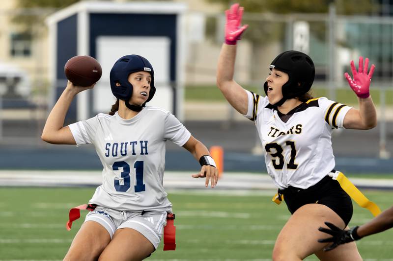 Plainfield South’s Brooke McDonald Plainfield gets ready to make a pass during a home game against Joliet West on Aug. 27, 2025.