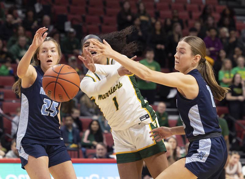 Waubonsie Valley’s Arianna Garcia makes a pass against Nazareth Academy Friday, March 1, 2024 in the girls basketball 4A state semifinal at CEFCU Arena in Normal.