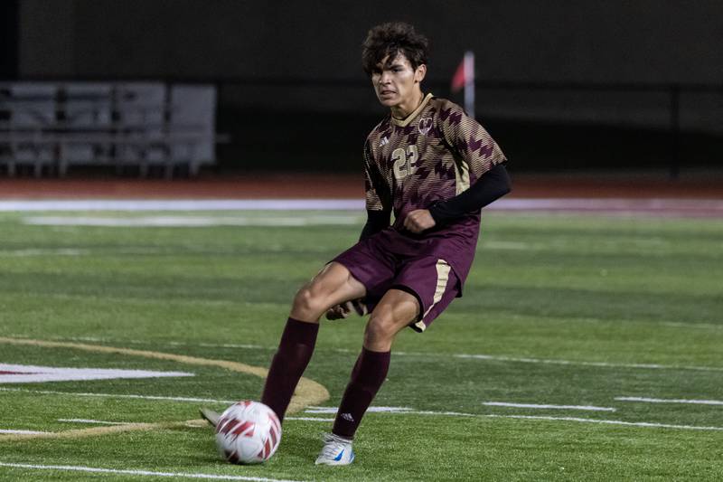 Morris's Noah Trejo looks for an open teammate during a varsity soccer game against Streator at Morris on Oct. 15, 2025.
