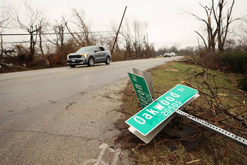 Damage is seen near Oakwood Drive and Waldron Road in Aroma Park  on March 11, 2026 following a March 10 tornado that passed through Kankakee County.