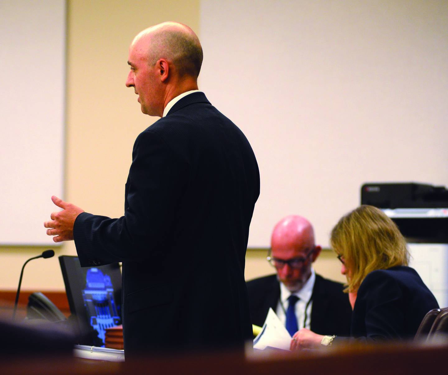 Ogle County Assistant State's Attorney Matthew Leisten (left) argues why photos should be allowed as evidence during a motion in limine hearing in the Duane Meyer case on Friday, June 27, 2025. Meyer is charged with killing his ex-wife Maggie Rosko Meyer and their 3-year-old son in 2016. Also pictured are Ogle County State's Attorney Mike Rock and assistant state's attorney Allison Huntley.