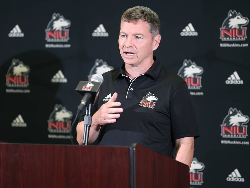 Northern Illinois University men’s soccer head coach Ryan Swan answers a question Tuesday, Aug. 6, 2024, during NIU fall sports media day in the Barsema Hall of Champions at NIU in DeKalb.