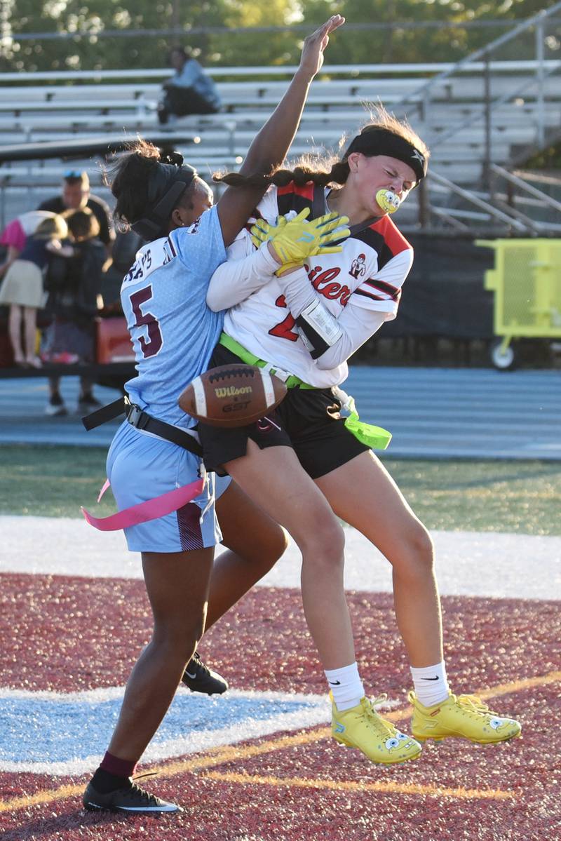Kankakee's Je'Mya Williams, left, breaks up a 2-point conversion pass intended for Bradley-Bourbonnais' Amber Melchor during the All-City game at Kankakee Wednesday, Sept. 17, 2025.