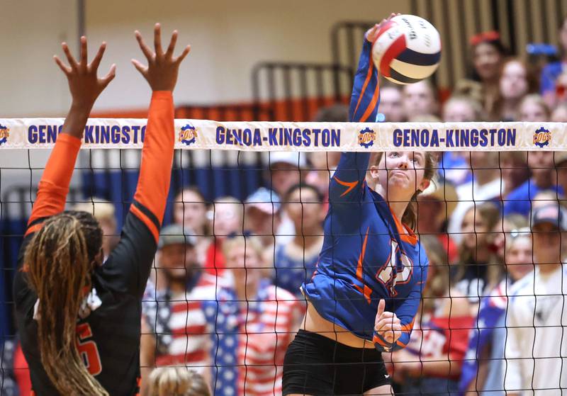 Genoa-Kingston's Jessie Fredrickson spikes the ball during their game against DeKalb Wednesday, Sept. 11, 2024, at Genoa-Kingston High School.