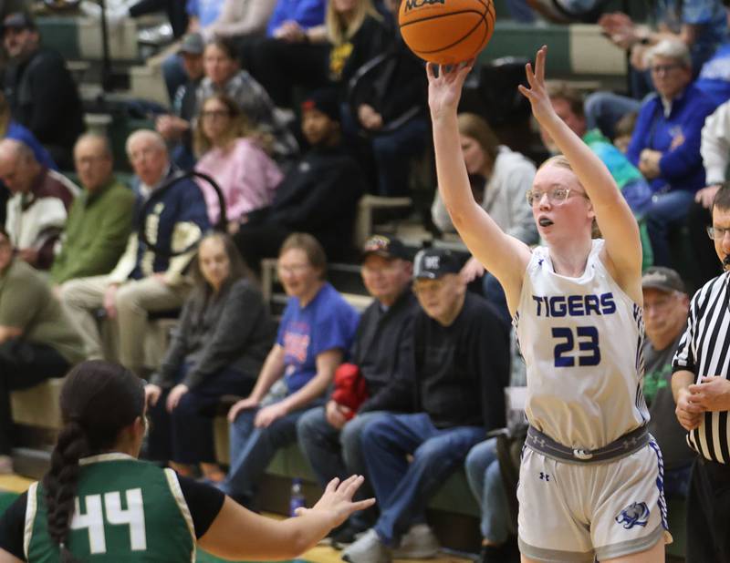 Princeton's Danika Burden shoots a jump shot over St. Bede's Hanna Waszkowiak during the Class 2A Regional semifinal game on Tuesday, Feb. 17, 2026 at St. Bede Academy.