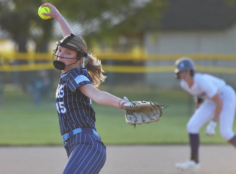 Downers Grove South pitcher Morgan Hahn delivers to a Downers Grove North batter during a game on May 14, 2026 at McCollum Park in Downers Grove .