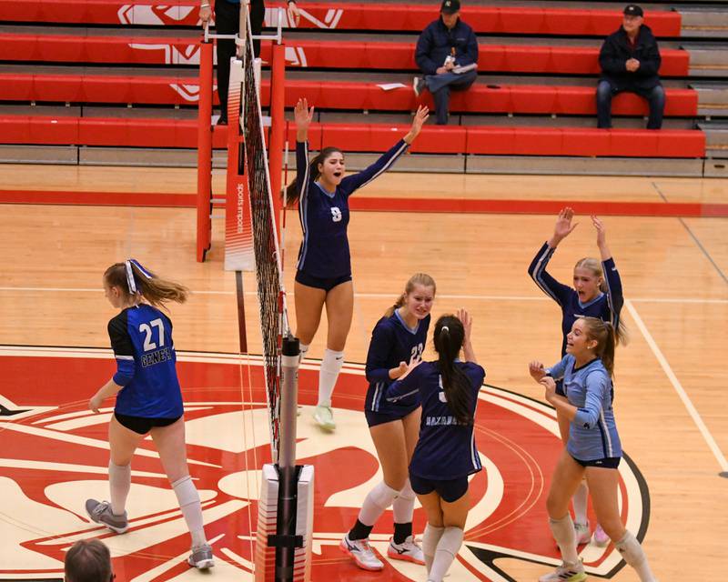 Nazareth Academy celebrates a point while taking on Geneva during the sectional title game on Thursday Nov. 6, 2025, held at Timothy Christian High School.