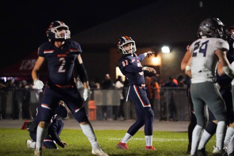 Oswego’s Tanner Stumpenhorst (82) watches his field goal attempt sail through the uprights for a score against Oswego East during a football game at Oswego High School on Friday, Oct. 20, 2023.