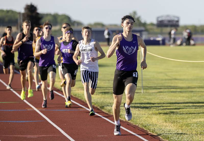 Dixon’s Dean Geiger leads a pack in the 800 run Wednesday, May 20, 2026, at the Rochelle Class 2A boys track sectionals.