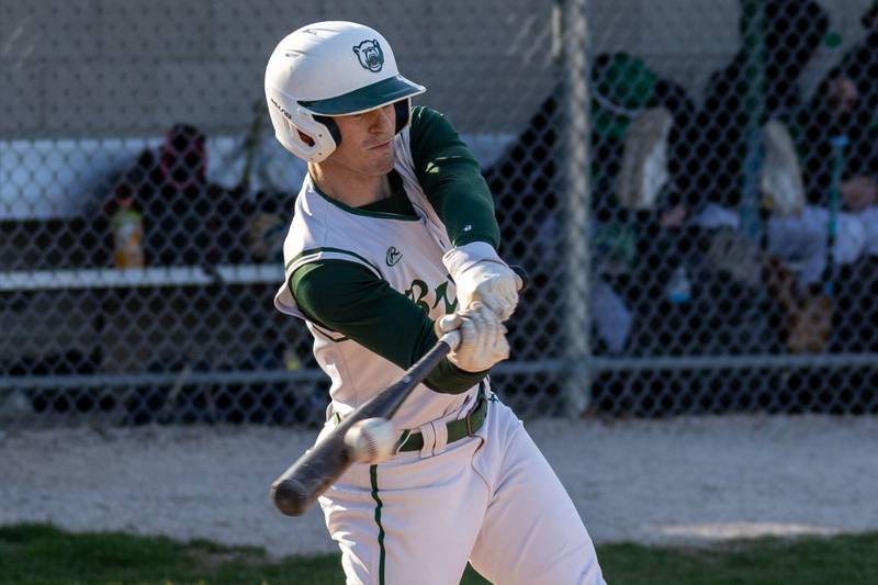 Gus Burr (2) of St. Bede hits home run on Tuesday, April 15, 2025 at St. Bede Academy in Peru.