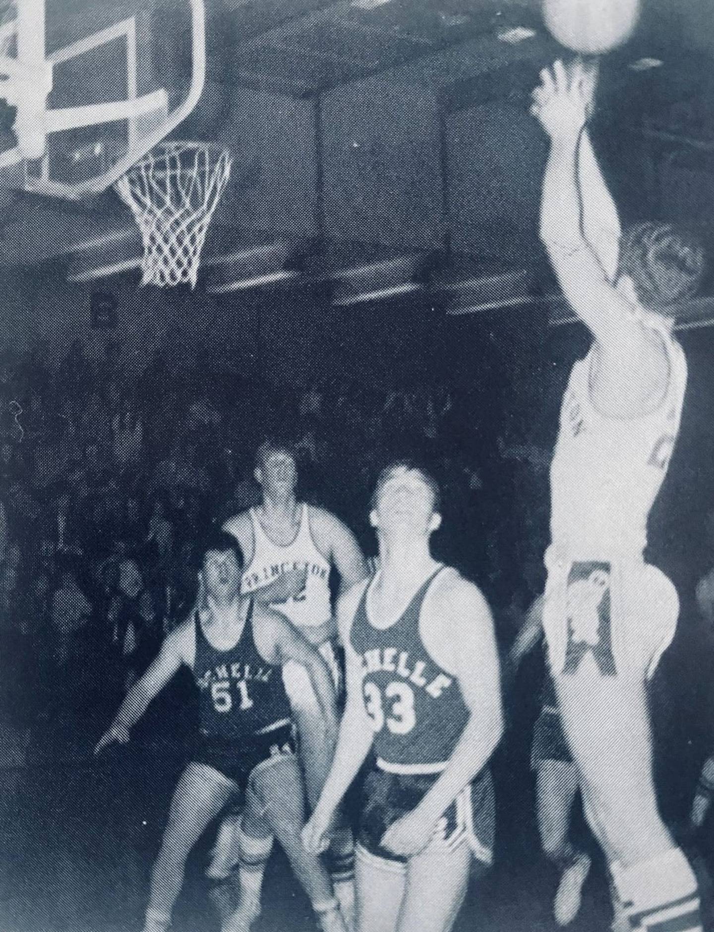 Rick Allen shows the form that made him a two-time unanimous NCIC All-Conference player for the Princeton Tigers, graduating in 1970. He still holds the school single-game scoring record at 46.