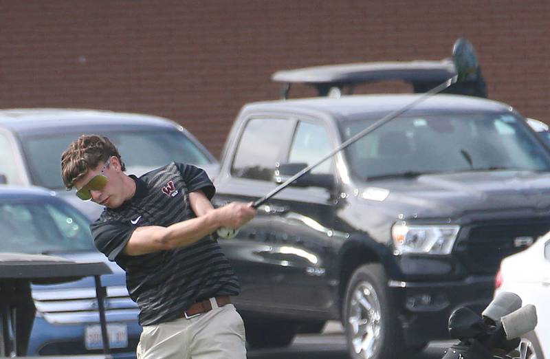 Woodland's Jaron Follmer tees off during the Class 1A Regionals on Wednesday, Oct. 1, 2025 at Deer Park Golf Club in Oglesby.