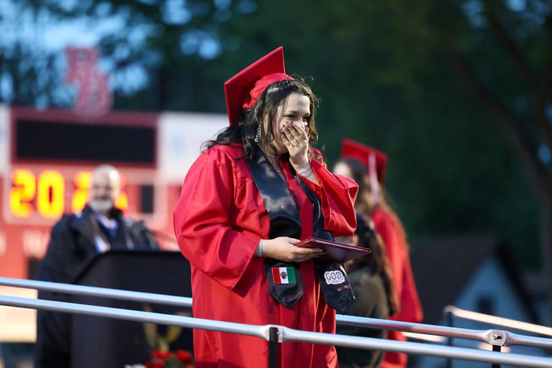 Myraiah Maxwell reacts to receiving her diploma during the Bradley-Bourbonnais Community High School commencement ceremony on Thursday, May 21, 2026.