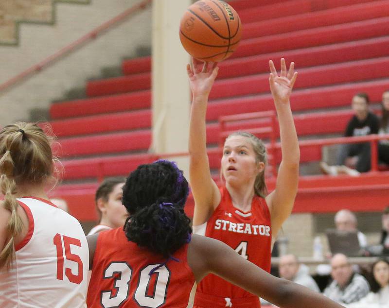 Streator's Joey Puet shoots. a jump shot against Ottawa during the Lady Pirate Holiday Tournament on Wednesday, Dec. 20, 2023 in Kingman Gym.