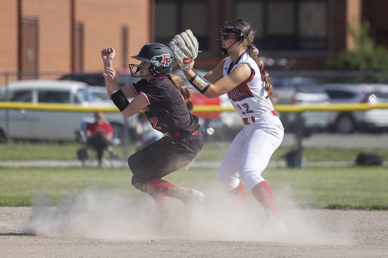 Erie-Prophetstown’s Laken Renkes slides in safe at second on a fielder’s choice in front of Morrison’s Peyton Lowery Thursday, May 14, 2026.
