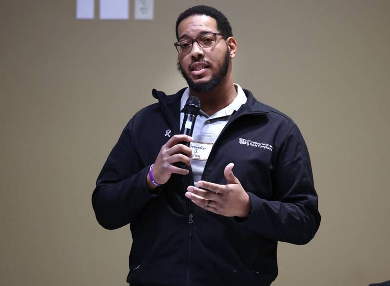 District 428 School Board candidate Brandon Elion speaks Thursday, March 20, 2025, during the DeKalb Area Rental Association and DeKalb Area Builders Association School Board Candidates Forum at Faranda's Banquets in DeKalb.