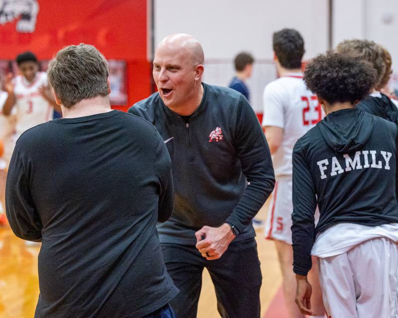Streator's Head Coach Beau Doty reacts after winning game against Lisle on Wednesday, Feb. 18, 2026 at Streator High School in Streator.