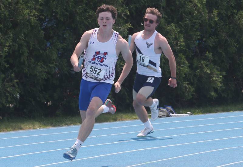 Morrison's Noah Odum races during the IHSA Class 1A Boys Track & Field State Finals on Saturday, May 31, 2025 at Eastern Illinois University in Charleston.