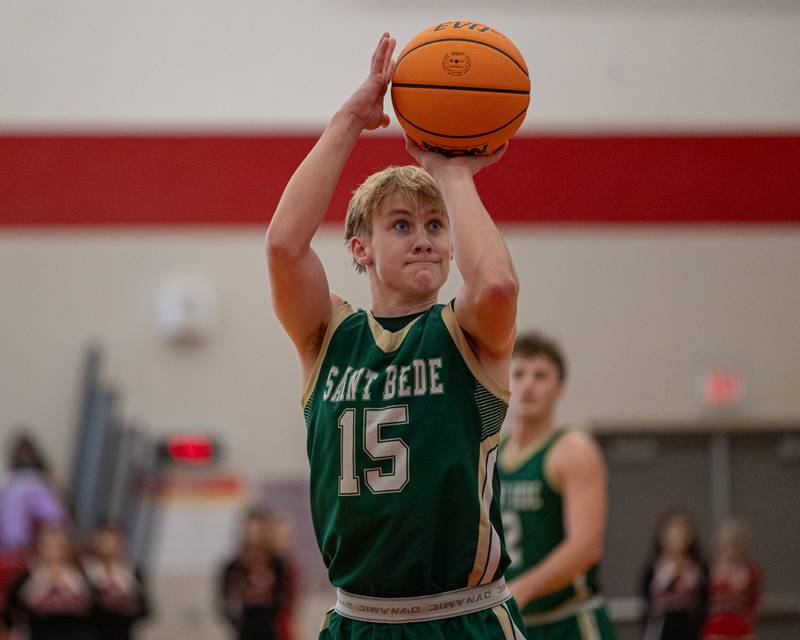 St. Bede's Geno Dinges (15) shoots free-throw on Saturday, January 31, 2026 at Hall High School in Spring Valley.