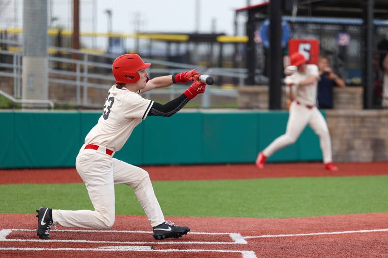 Bradley-Bourbonnais' Trenton Burge squares up for a bunt during the Boilermakers' 8-7 loss to Homewood-Flossmoor on Monday, April 13, 2026.