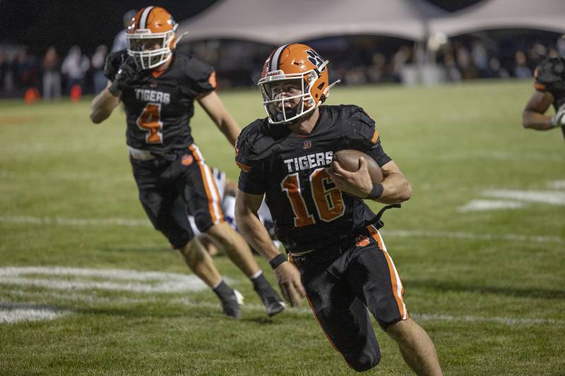 Byron’s Andrew Talbert runs back an interception against Dixon Friday, Sept. 5, 2025, at Byron High School.