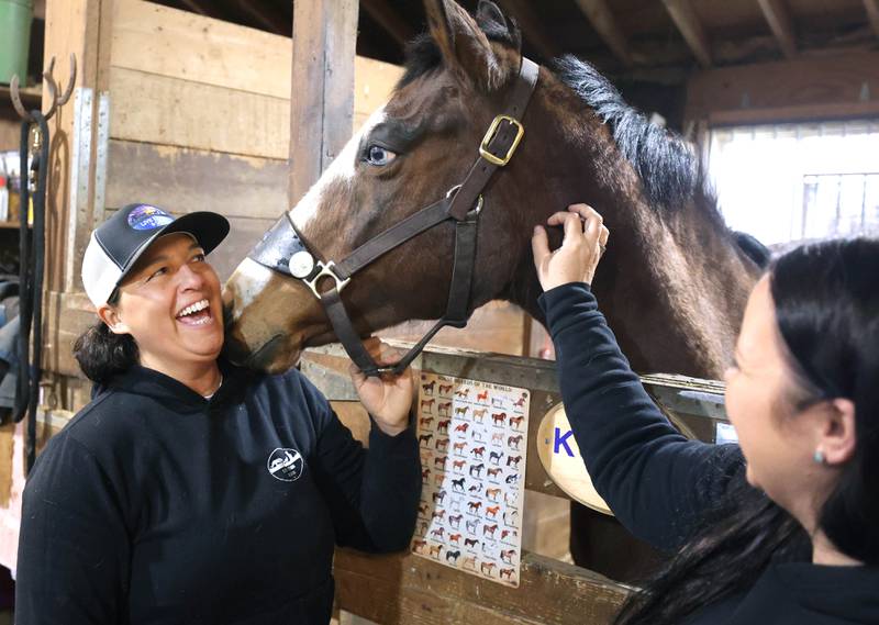 Didi Dowling, owner and executive director of Live, Learn and Lead, gets some love from one of the horses Friday, March 31, 2023, at their barn in Hampshire.