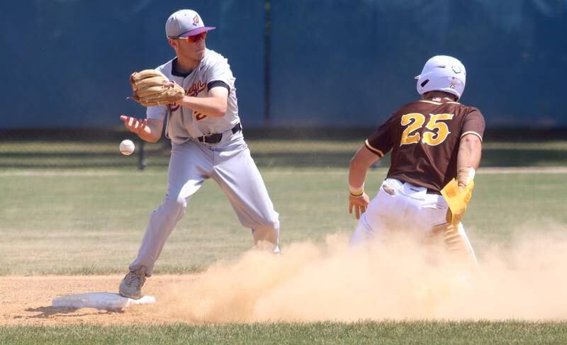 The ball pops loose from the glove of Hononegah’s Jakob Deleo as Jacobs’ Christian Graves arrives safely at second base in Class 4A Sectional baseball action at Carpentersville Saturday.