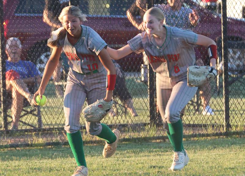 L-P's Kelsey Frederick reacts with teammate Maggie Boudreau after making a spectacular catch during the Class 3A Sectional semifinal game on Tuesday, May 26, 2026 at the L-P Athletic Complex in La Salle.