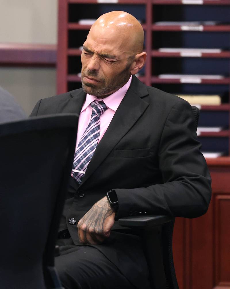 Nathan P. Sweeney, 45, of DeKalb, tries to compose himself as he apologizes to Christina Musil’s loved ones Tuesday, Aug. 26, 2025, while giving a statement at his sentencing hearing at the DeKalb County Courthouse in Sycamore. Sweeney received 14 years in prison for driving under the influence and causing the 2024 crash that killed Musil, a mother, sheriff's deputy and military veteran.