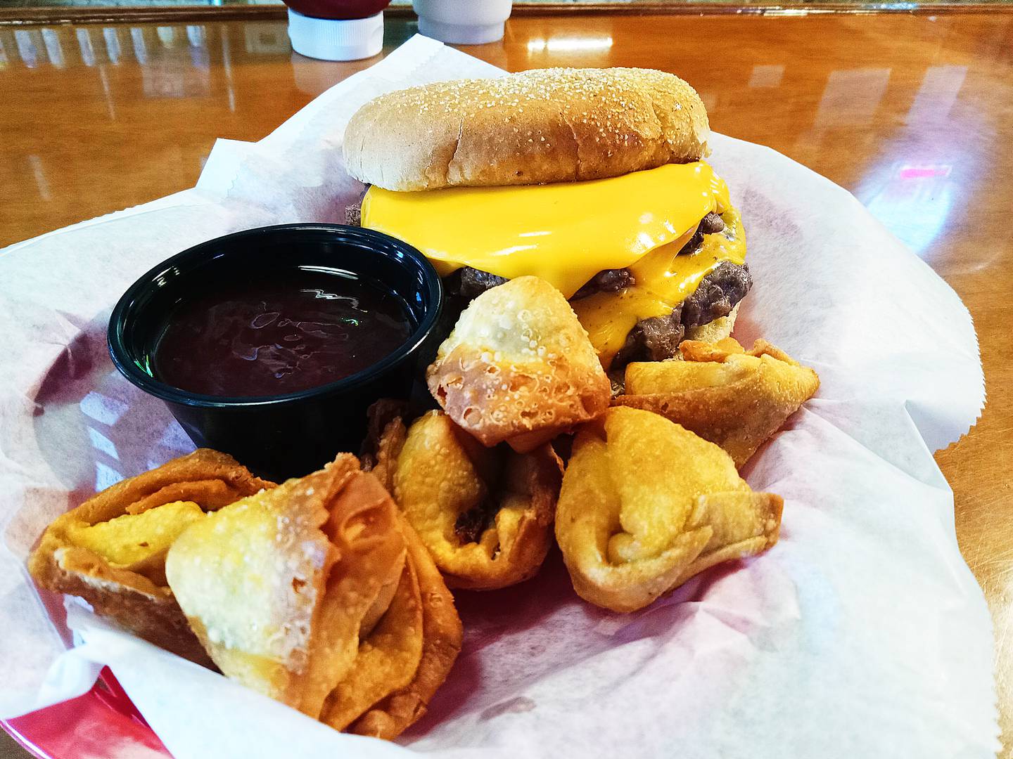 The Red Knight Pub in Stockton's double cheeseburger and crab rangoon