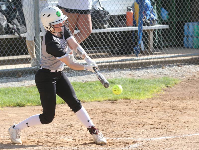 Woodland/Flanagan-Cornell's Shae Simmons makes contact on the ball against St. Bede on Monday, April 29, 2024 at St. Bede Academy.