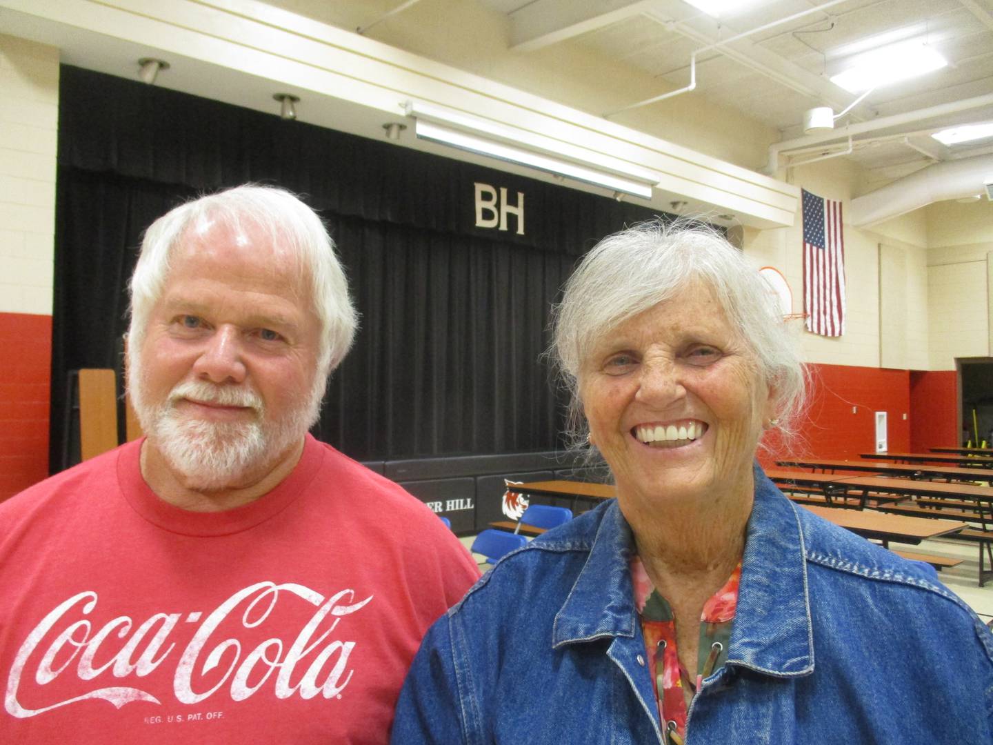 Boulder Hill residents Tim Wright and Virginia Lake are neighbors on Sonora Drive in the unincorporated community. They were attending a meeting with Kendall County officials on Sept. 14, 2022 at Boulder Hill Elementary School.