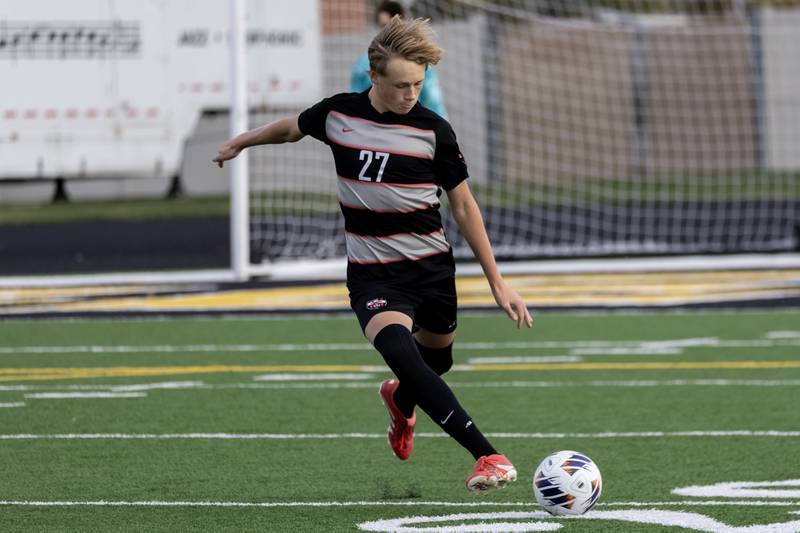 Lincoln-Way Central's Will Bettenhausen prepares to kick during the 3A Joliet West Sectional boys varsity soccer match against Lincoln-Way East at Joliet West on Oct. 29, 2025.