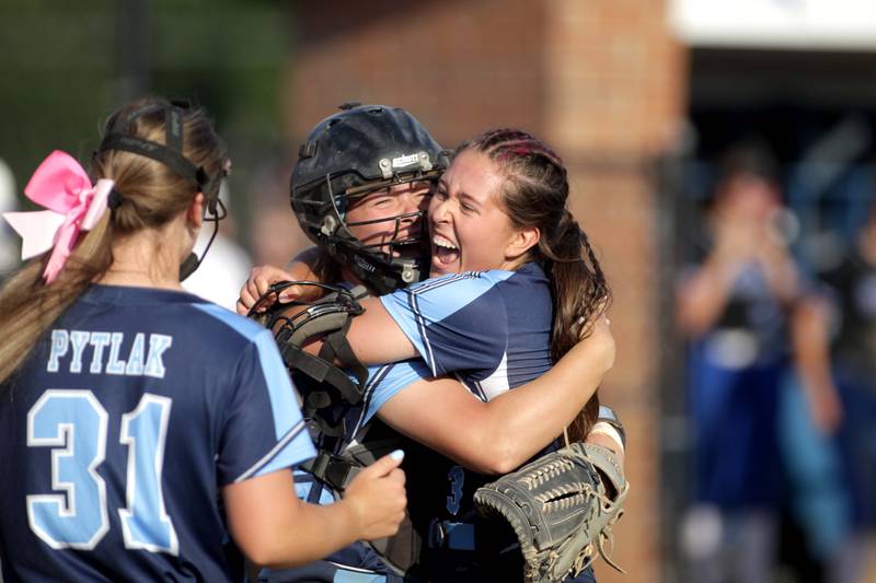 Lake Park players celebrate their victory over St. Charles North in the Class 4A St. Charles North Sectional final on Friday, June 2, 2023.