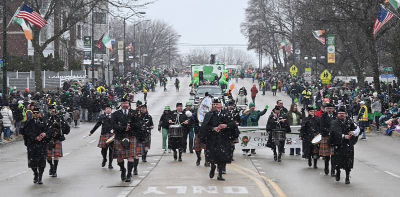 The Midlothian Scottish Pipe Band plays in the St. Charles St. Patrick’s Parade Saturday, March 14, 2026.