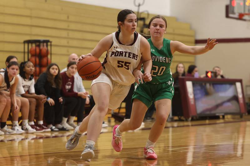 Lockport’s Evelyn Ingram drives along the baseline against Providence on Tuesday, Jan. 2nd, 2024 in Lockport.
