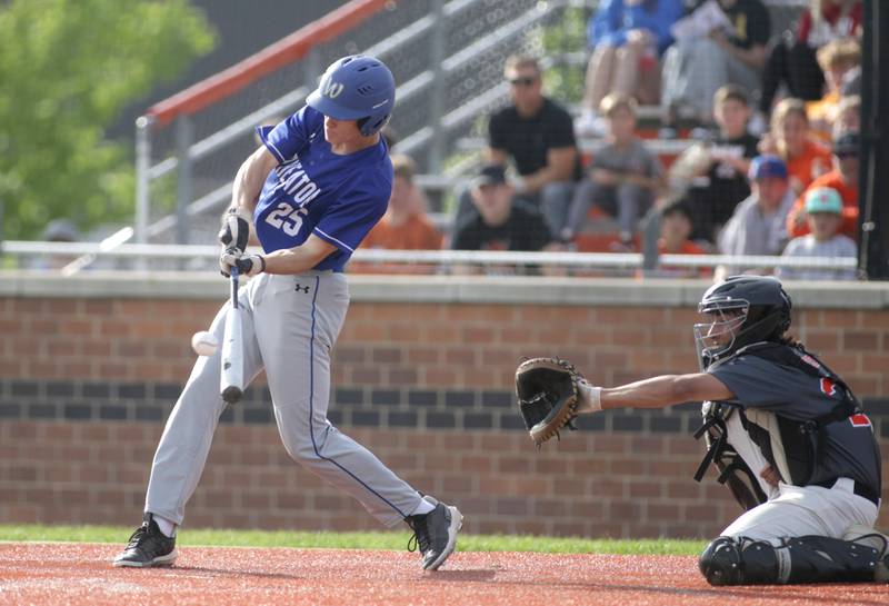 Wheaton North’s Charlie Strutzel hits the ball during a game at St. Charles East on Monday, May 15, 2023.