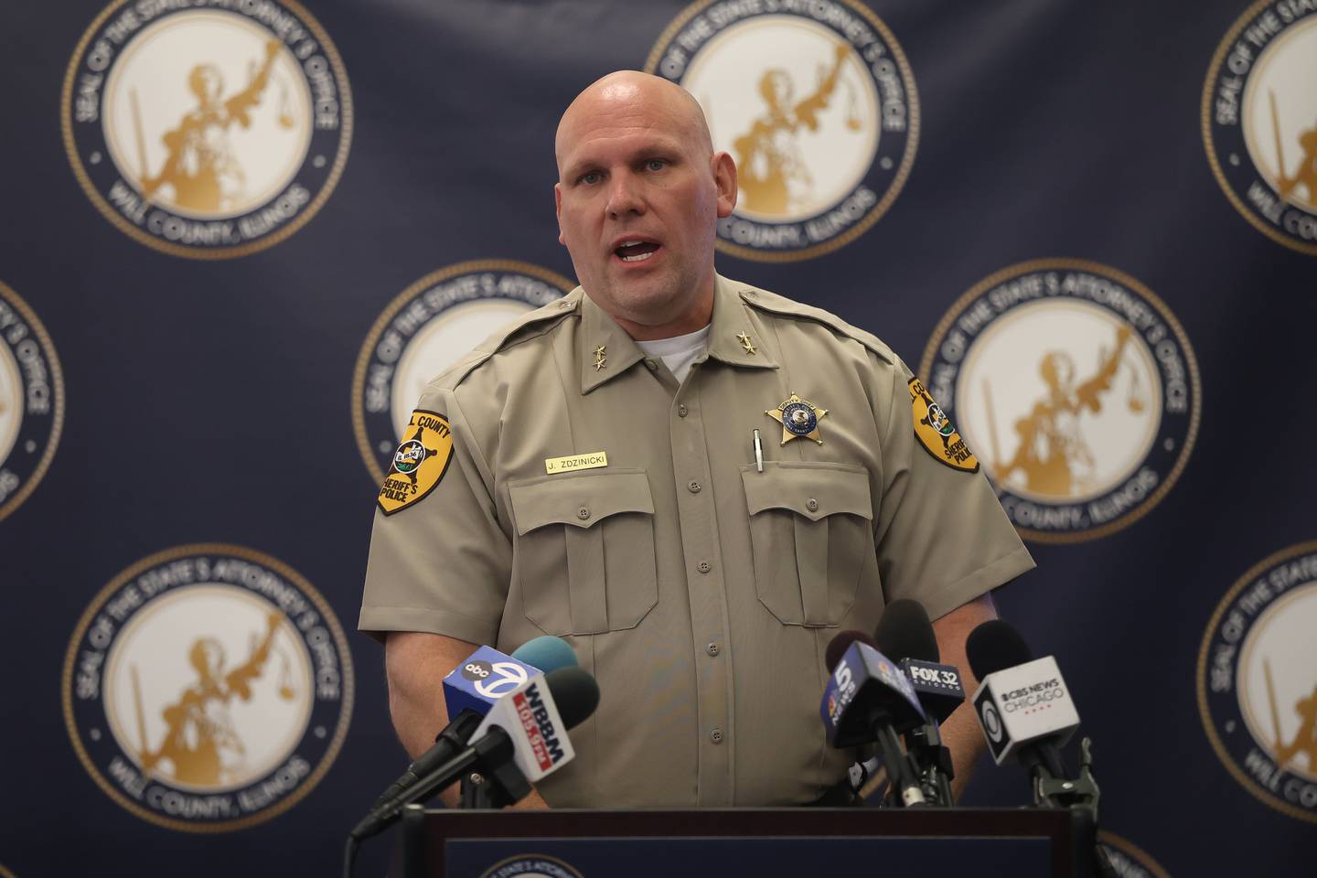 Will County Sheriff Deputy Chief Jeremy Zdzinicki speaks at a press conference regarding the brutal killing of six dogs in Crete Township on Monday, April 20, 2026 in Joliet.