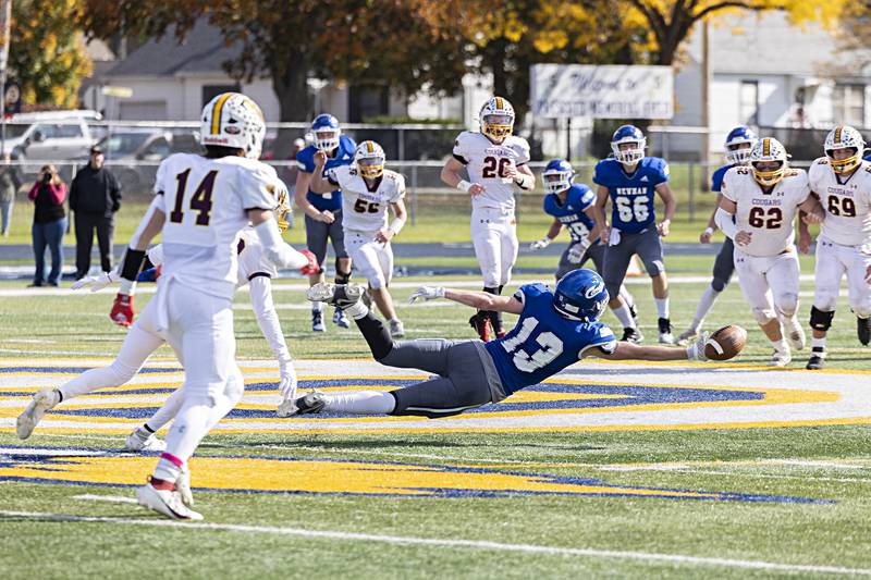 Newman’s Mac Hanrahan reaches for a pass against ROWVA Saturday, Oct. 28, 2023 in the Class 1A playoffs in Sterling.