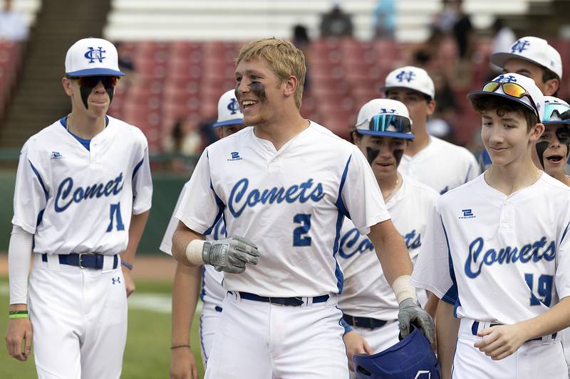 Newman’s Daniel Kelly celebrates his two-run homer with his team against Chicago Hope Monday, June 2, 2025, during the Class 2A Supersectional at Northwestern Medicine Field in Geneva.