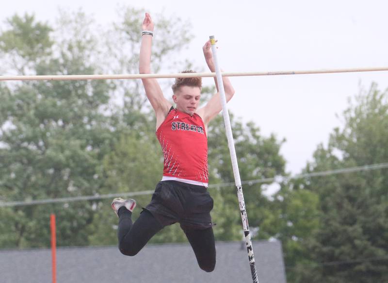Streator's Andrew Warwick clears the bar in the pole vault event during the Class 2A Sectional meet on Wednesday, May 21, 2025 at Pontiac High School.