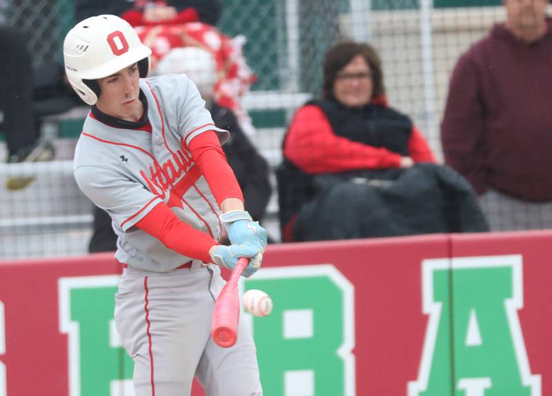 Ottawa's Colt Bryson drives in a run against L-P on Thursday, April 30, 2026 at Huby Sarver Field in the L-P Athletic Complex in La Salle.