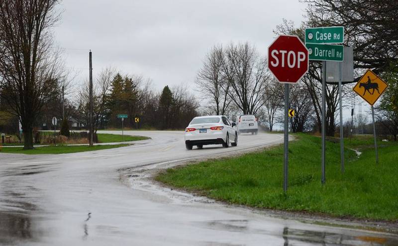 This is a view of the intersection of Darrell Road with Case and Neville roads near Lakemoor, looking north. Plans call for Case to be realigned with Neville and a roundabout built in the middle.