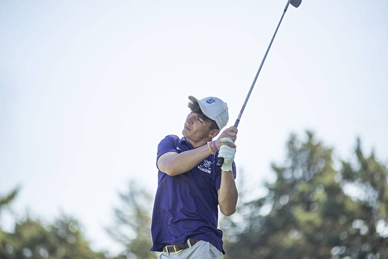 Dixon’s Steve Kitzman tees off on no.11 at Emerald Hill in Sterling for the Class AA IHSA sectional golf meet.