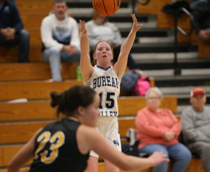 Bureau Valley's Brooke Helms fires a jump shot over Riverdale's Jillian Murray during the Thanksgiving Tournament on Wednesday, Nov. 20, 2024 at Bureau Valley High School.