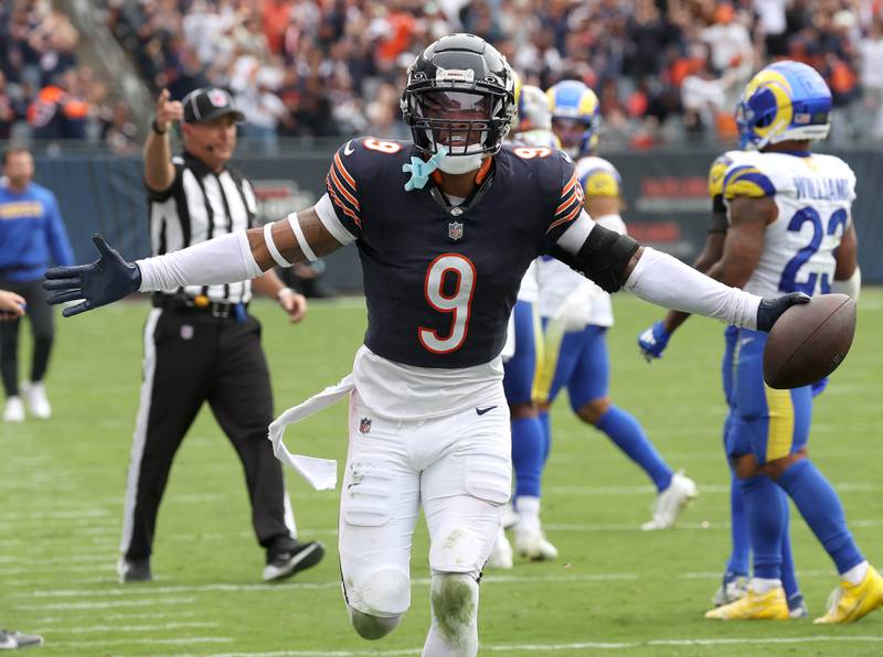 Chicago Bears safety Jaquan Brisker celebrates after intercepting Los Angeles Rams quarterback Matthew Stafford to seal the game Sunday, Sept. 29, 2024, at Soldier Field in Chicago.